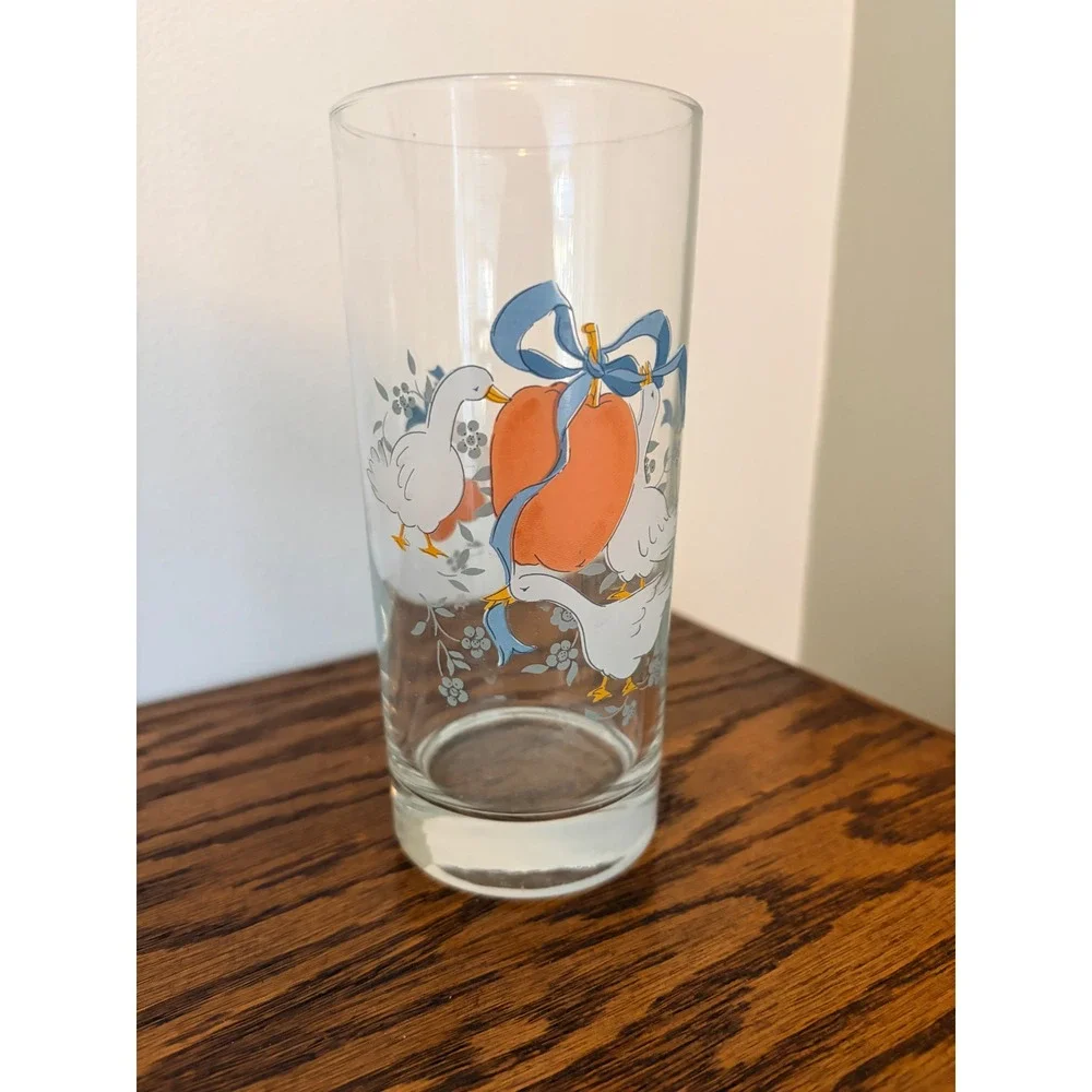 Vintage Libbey Country Geese Peach Highball Glass Blue Ribbon Tumbler Clear